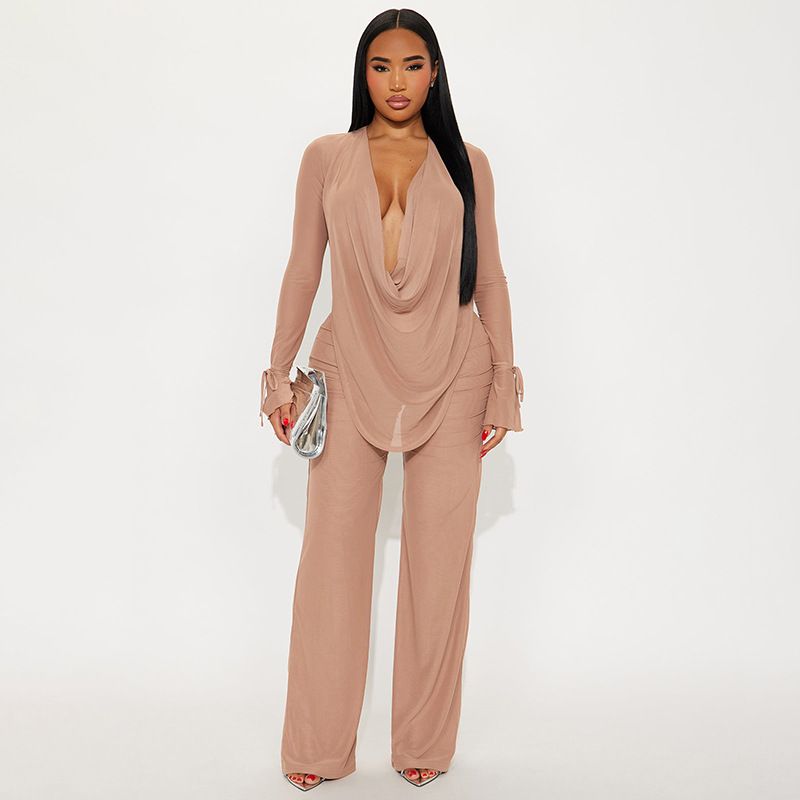 Completo sexy con camicetta e pantaloni svasati con scollo a V profondo, maniche in pizzo e pantaloni a gamba larga con lacci (blu, nero)_voghion.com