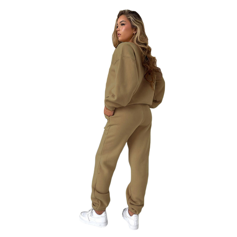 Zweiteiliges Damen-Set mit bedrucktem Kapuzenpullover und Rundhalsausschnitt_voghion.com