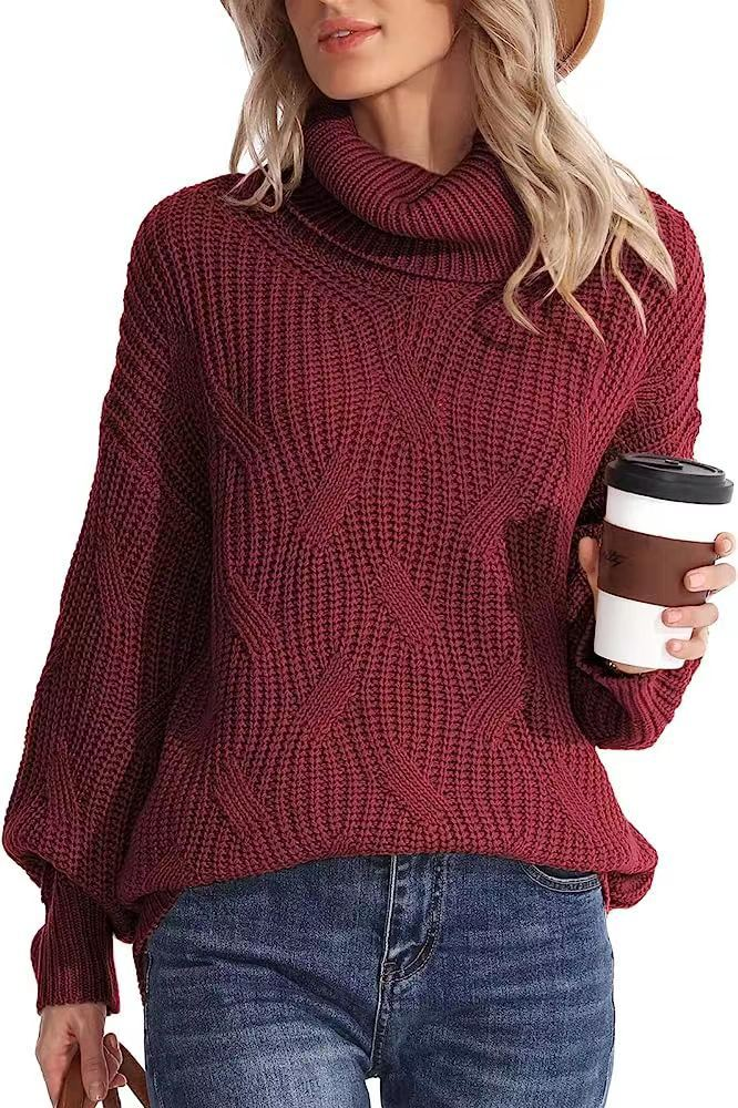 Pull tricoté à col roulé et manches longues pour femme, ample, à la mode_voghion.com