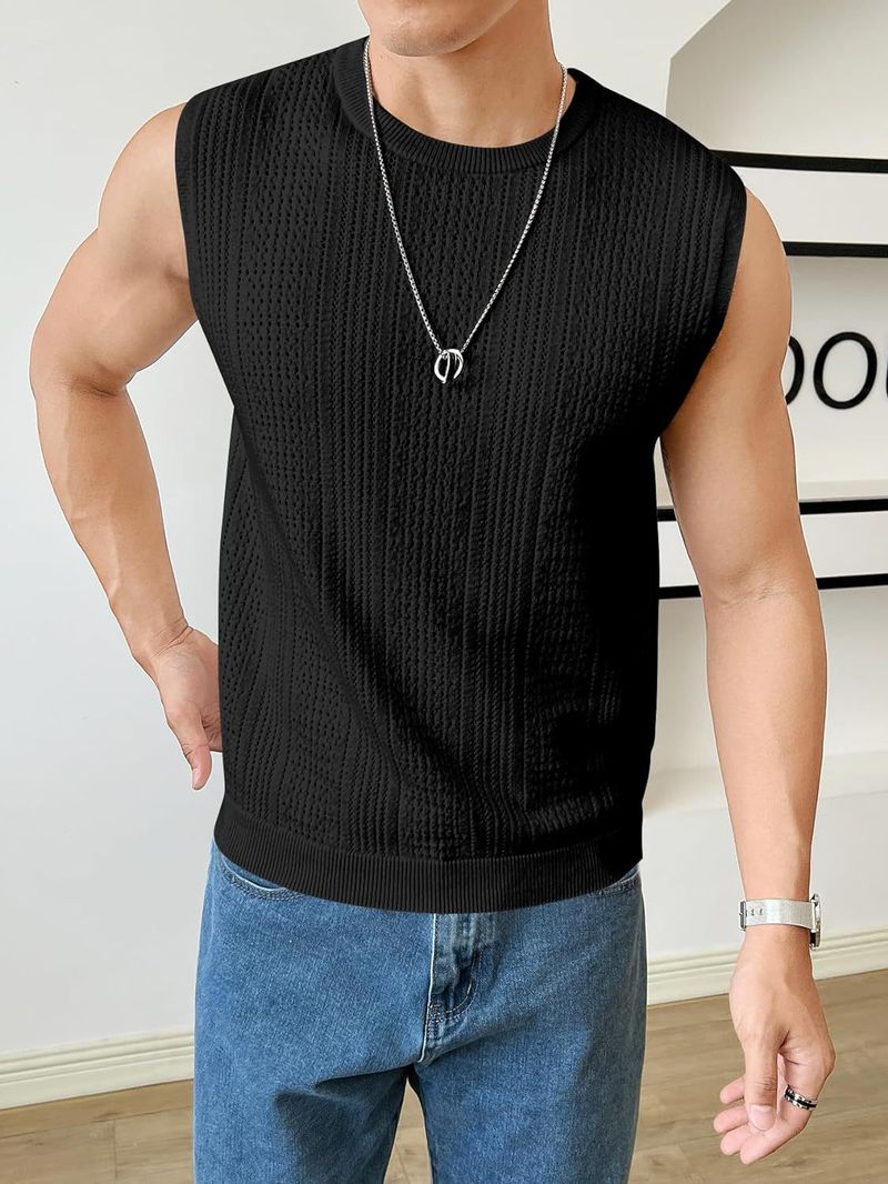 Sommer Herren Neue Einfarbige Strickmode Ärmelloses Top Hohl Atmungsaktiv Rundhals Casual Weste_voghion.com