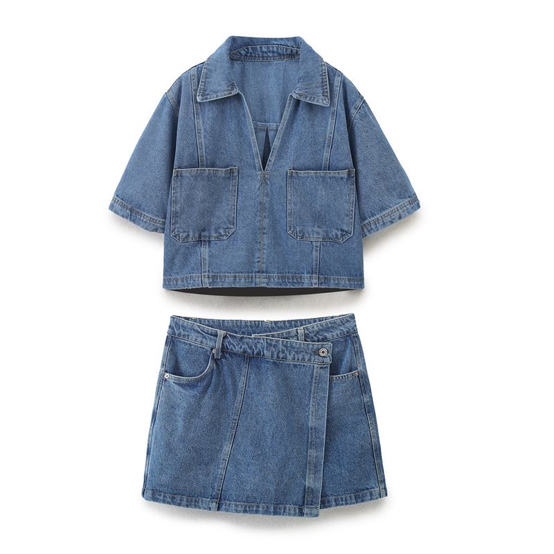 Damenbekleidung Kurzes Jeanshemd Zweireihiger Jeansrock Hosenanzug_voghion.com
