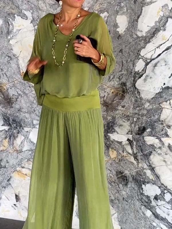 Kadın Giyim Yaz Yeni Kadın Giyim Moda Düz Renk Şifon Takım Kadınlar İçin_voghion.com