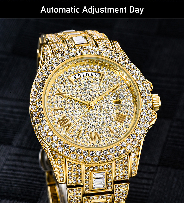 MISSFOX Dual Calendar New Full Diamond Luxury Men's Quartz Gentlemen's Watch Gold Fashion_voghion.com