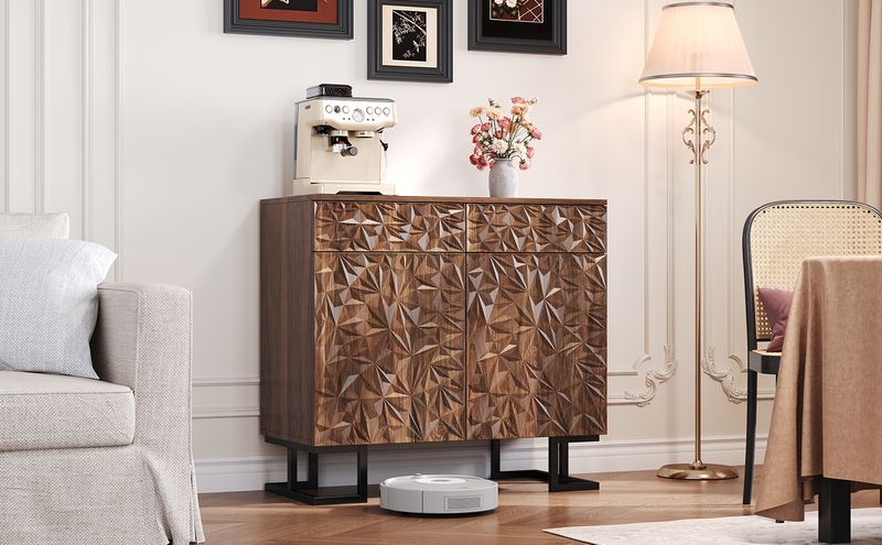 Credenza Kommode 80x78cm Walnussoptik Mit Blattrelief, 2 Schubladen & 2 Türen, Metallbeine_voghion.com