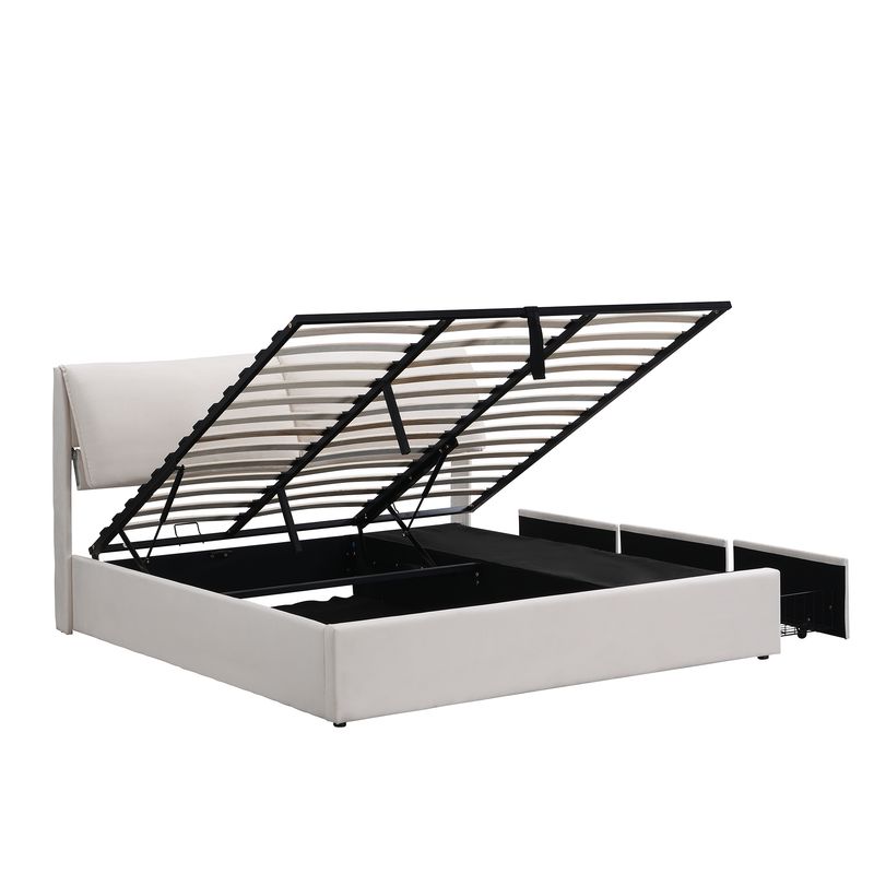Cadre de lit coffre hydraulique rembourré en velours avec 3 tiroirs, sommier à lattes, beige, 180 x 200 cm, matelas non inclus_voghion.com
