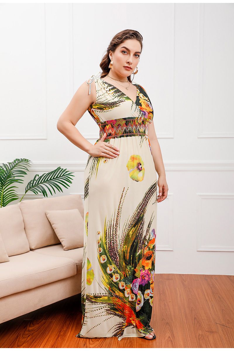 Vestido de seda de hielo con estampado de talla grande para mujer, vestido largo bohemio con escote en V y tallas grandes_voghion.com