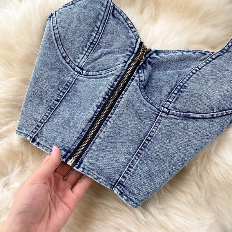 Vêtements pour femmes Jupe courte en jean taille haute à bretelles féminines_voghion.com