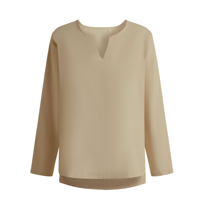 2025 Autumn Youth T-Shirt Cotton Linen Solid Color Loose Fit Chinese Style V-Neck Men's Long Sleeve Shirt_voghion.com