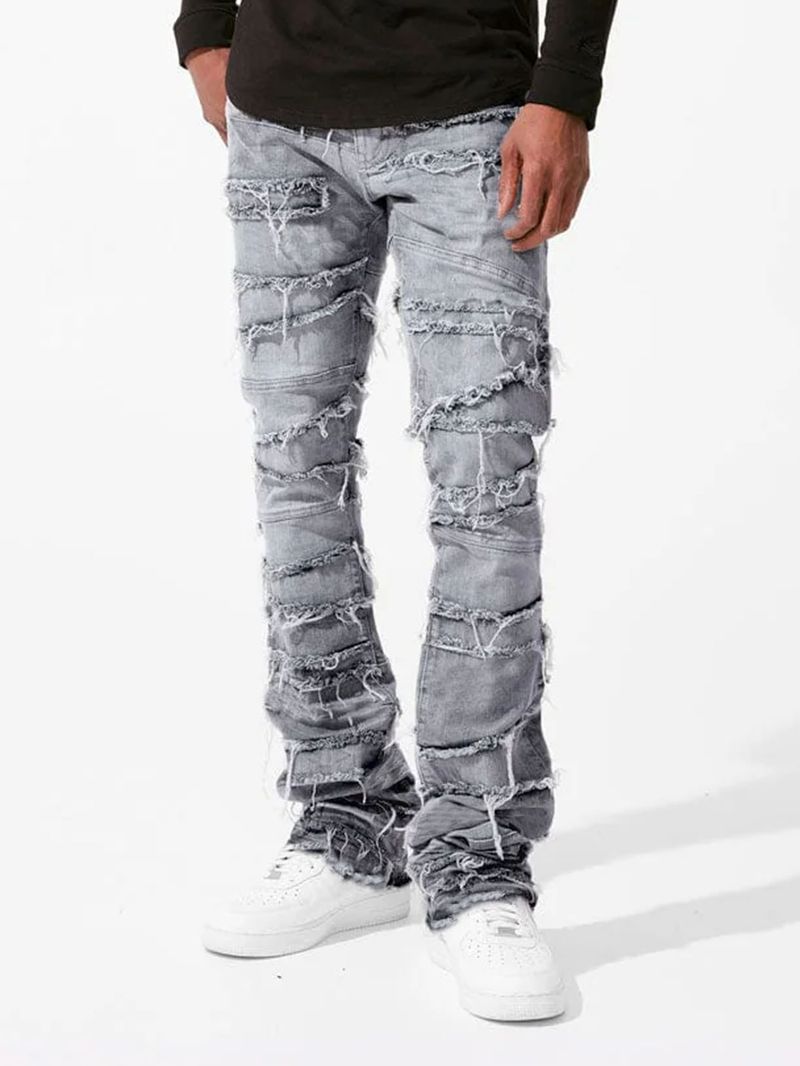 Men's Clothing New Men's Denim Straight Pants Street Fashion Ins Popular Stretch Patch Denim Straight Pants_voghion.com