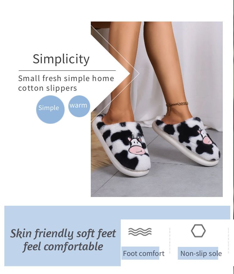 Simpatiche pantofole in cotone con mucca da cartone animato per studenti, scarpe calde e pelose antiscivolo da interno_voghion.com