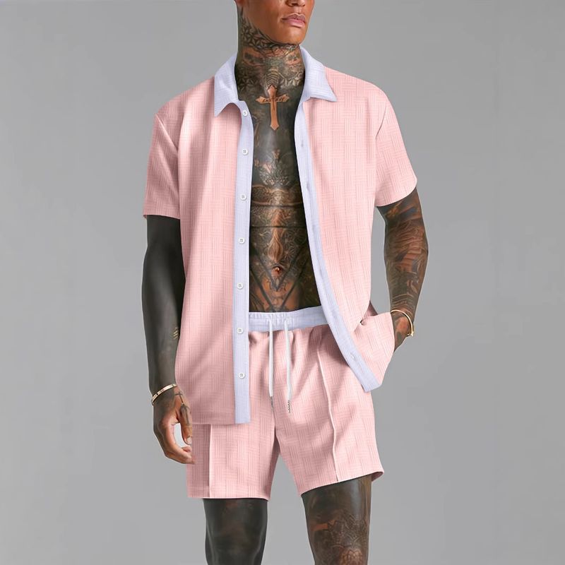 Men's Clothing Off Shelf Men's Casual Color Matching Short Sleeved Shirt Comfortable Shorts Two Piece Set_voghion.com