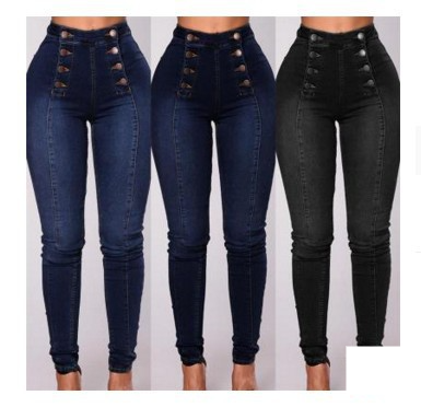 Women's clothing high-waist casual jeans trousers trendy double-row multi-button slim stretch women's_voghion.com