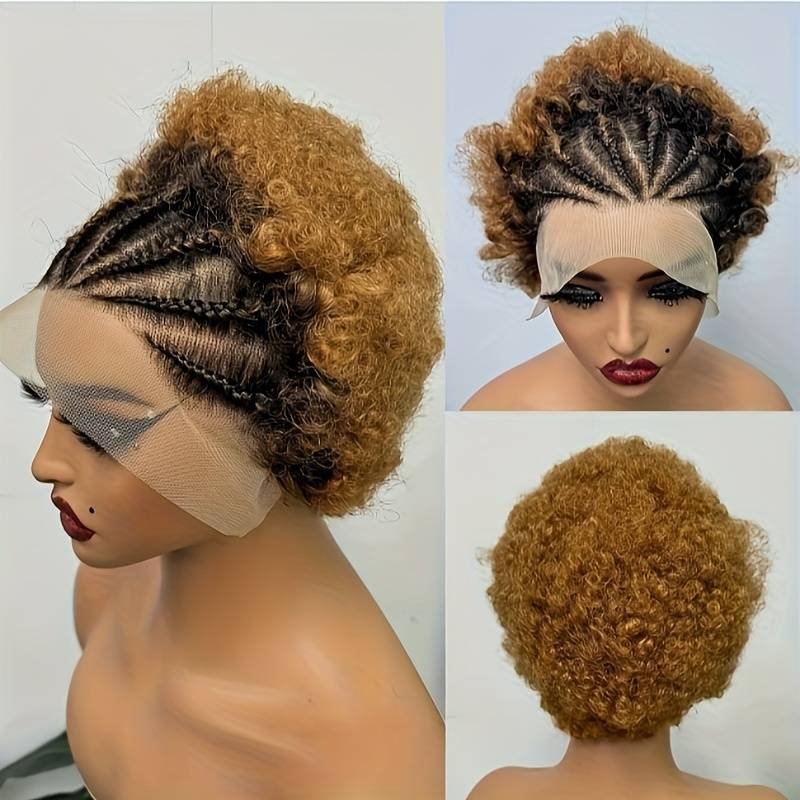 Marca MAKI, cabello humano 13*4, peluca de encaje, trenzas de cabello humano tejidas a mano + cabello afro esponjoso, 100% de cabello humano, diseño de moda_voghion.com