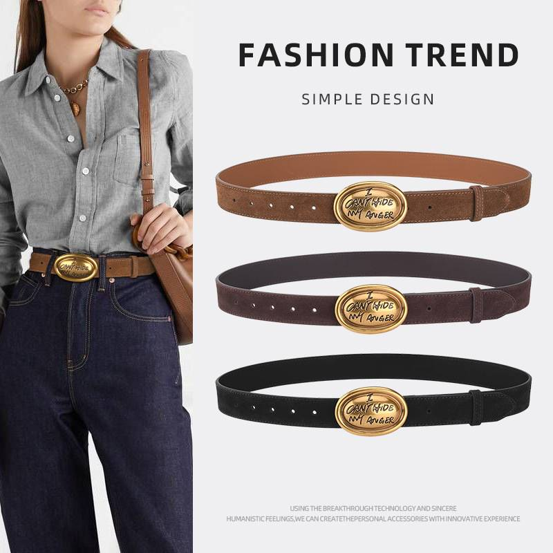 Oval English Leather Belt Women's Frosted Suede Premium Sense Hundred Pants Decorative Belt_voghion.com