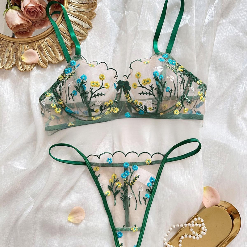 Intimo da donna con ricamo floreale, stile dolce, in rete trasparente, sexy e confortevole, intimo erotico_voghion.com