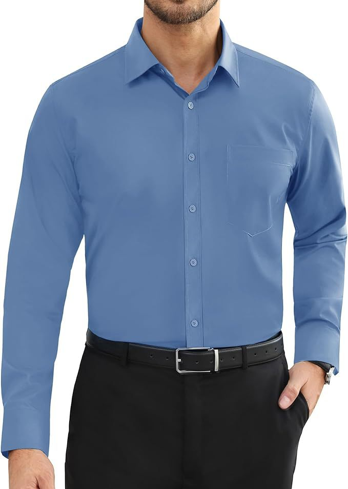 New Business Casual Button-down Four-sided Elastic Men's Formal Shirt Long-sleeved Solid-color Top_voghion.com