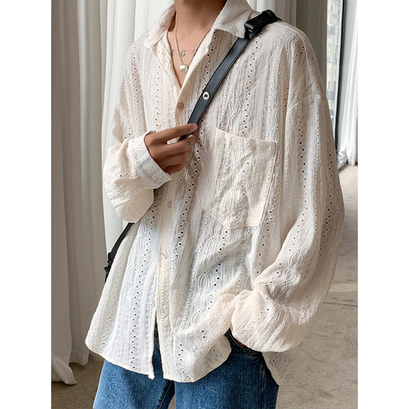 Camicia da uomo minimalista di lusso con lacci - Blusa oversize a maniche lunghe con colletto decostruito (M-3XL, poliestere, unisex streetwear chic)_voghion.com