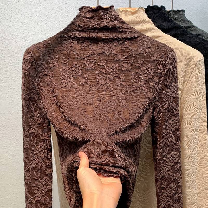 Damen-Thermotop mit hohem Kragen und Spitze – Langärmlige Bluse mit Spitzenbesatz und Fleecefutter (8 Farben, S-3XL)_voghion.com