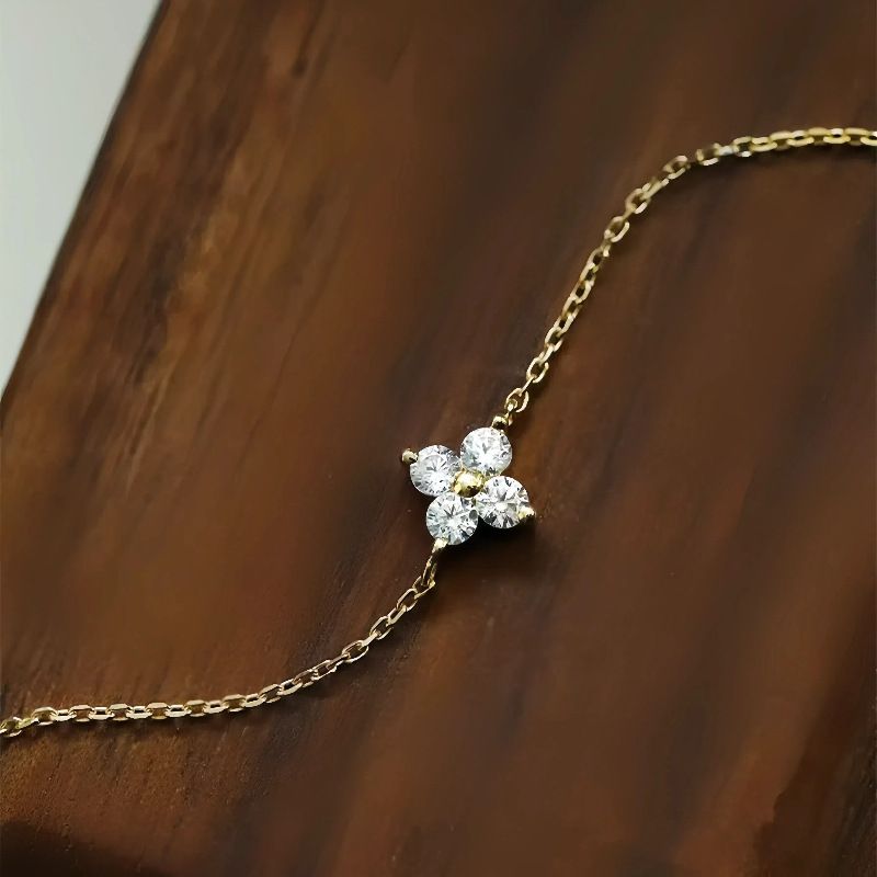 S Pure Silver Plated 14K Gold Classic Four-Leaf Clover Anklet For Women Simple Design With Inlaid Diamond Flower Fashion_voghion.com