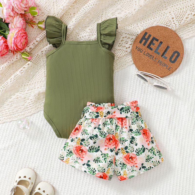 Completo tuta attillata stampata in cotone a coste e pantaloncini alla moda per bambini_voghion.com