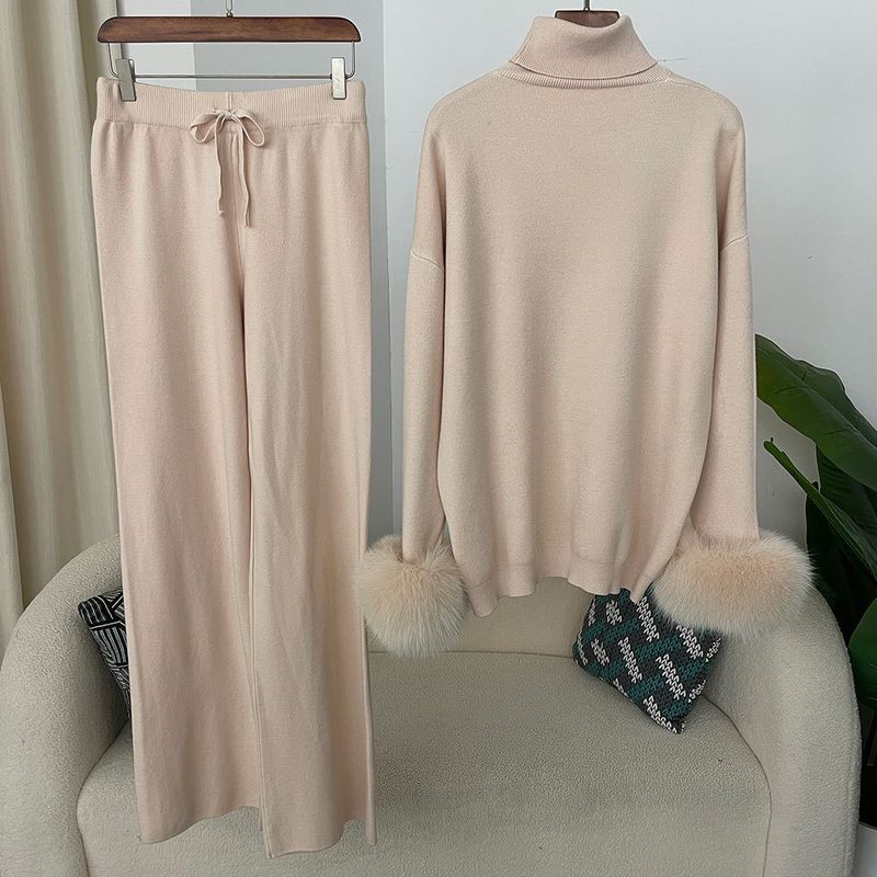 Ensemble en tricot avec poignets en fourrure de renard pour femme – Pull ample à col montant et pantalon large pour l'automne/hiver_voghion.com