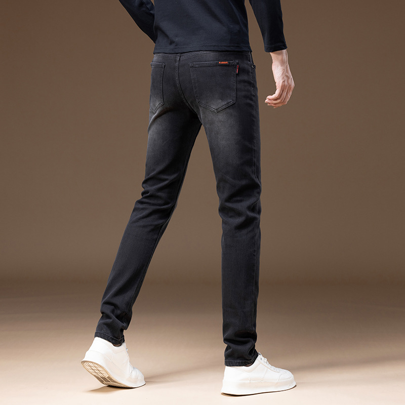Autunno Inverno Foderato in pile Ispessito Premium Nero Grigio Semplice Denim Slim Fit Elasticizzato Versatile Leggero Lusso Piccolo_voghion.com