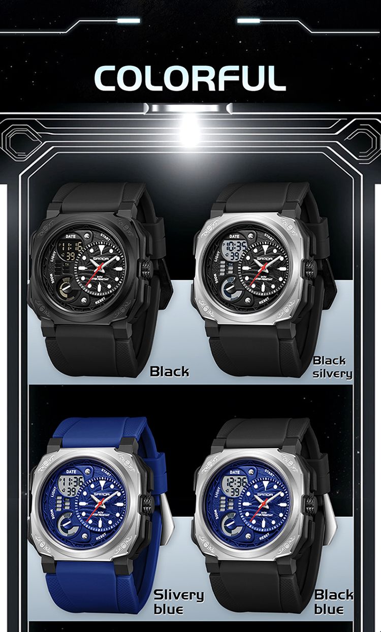 Nuovo orologio sportivo quadrato da uomo, orologio da esterno LED elettronico con cronometro, sveglia, doppio display, orologio al quarzo multifunzione da uomo_voghion.com