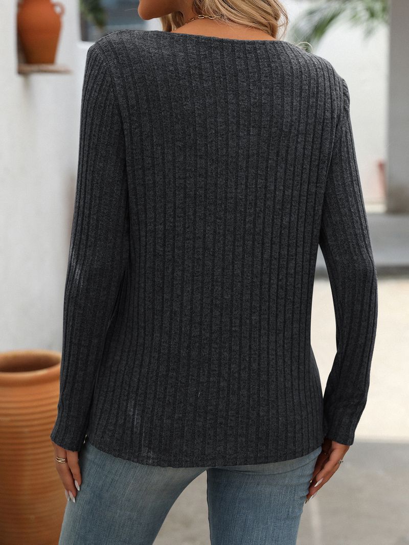 Maglietta casual da donna con scollo a V e bottoni - Maglia a maniche lunghe a coste dalla vestibilità ampia per autunno inverno (nero grigio, rosso vino, verde militare)_voghion.com