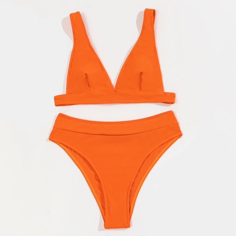 Verve New High-Waisted Small Ribbed Swimsuit For Women Solid Color Sexy Two-Piece Bikini Swimwear_voghion.com