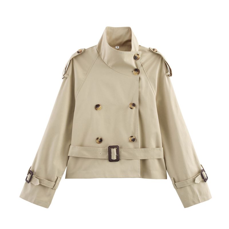 Trench con cintura da donna – Giacca a vento corta color cachi (S-L) Abbigliamento da donna_voghion.com