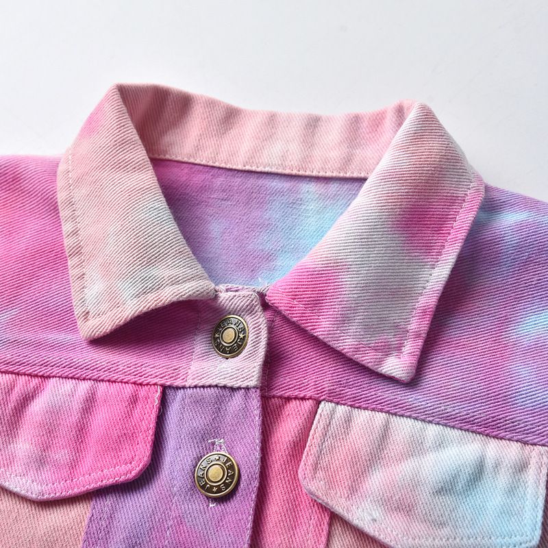 Ropa para niños, ropa infantil, nueva primavera 2024, chaqueta vaquera tie-dye, top corto roto para niños y niñas_voghion.com