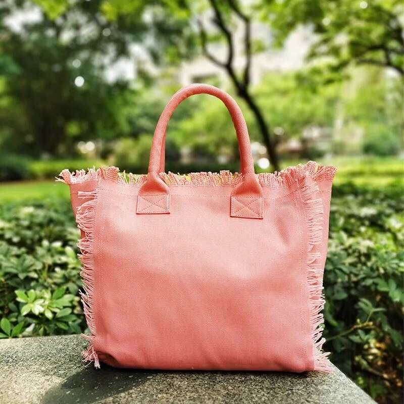 Christmas Present Simple Fashion Design Women's Tassels Handbag Large Capacity Canvas Beach Brand Tote Bag_voghion.com