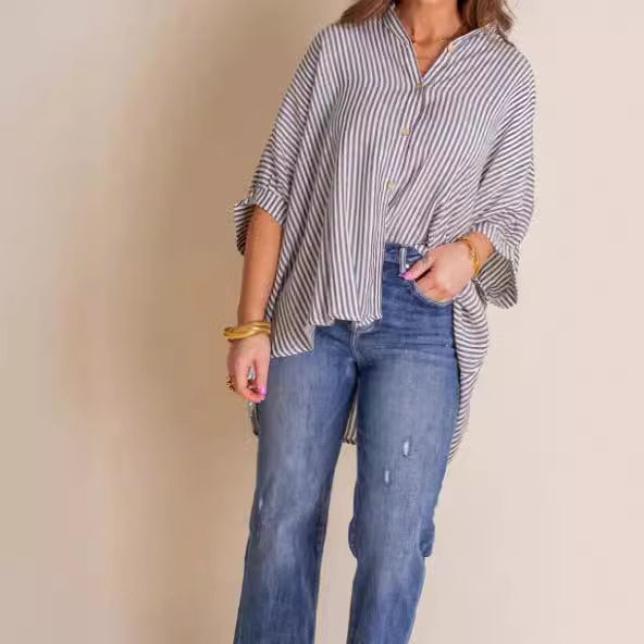 Verve 2025 Women's Spring/Summer New Striped Single-Breasted Mid-Sleeve Shirt_voghion.com