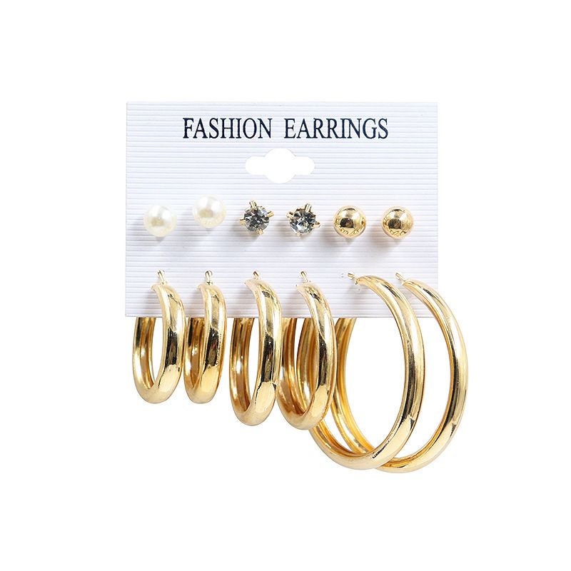 Cross-Border Hot Selling European And American Metal C-Shaped Large Hoop Simple Rhinestone Pearl Stud Women's Set_voghion.com