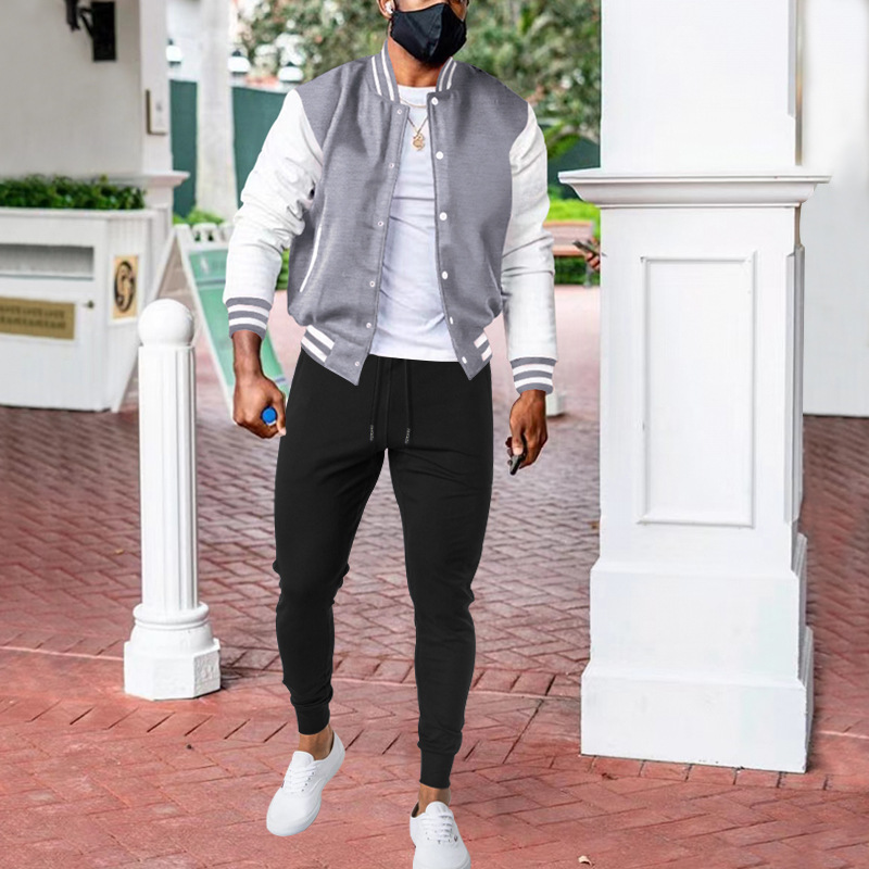 Abito da baseball casual, felpa con cappuccio color block con colletto rialzato alla moda, giacca da volo, completo autunnale e invernale da uomo,_voghion.com