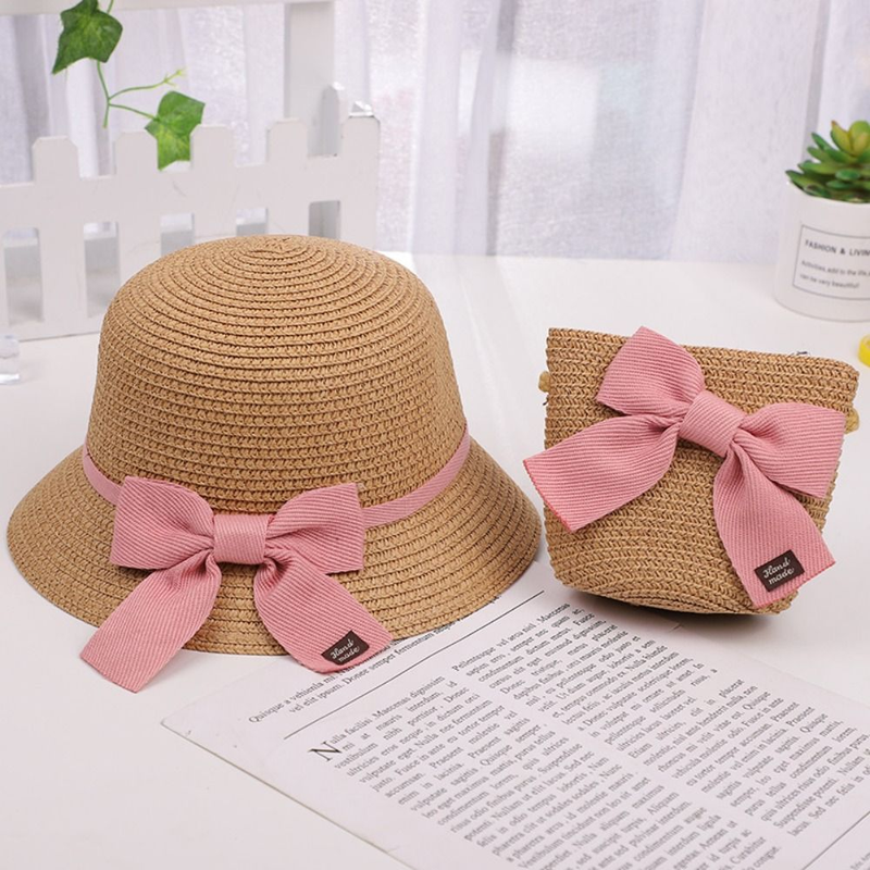 Set di berretti per borsa di paglia estivi per ragazza per 2-6 anni Cappello da sole per bambini Cappello da viaggio per protezione solare Cappello da spiaggia Cappello da pescatore per sole_voghion.com