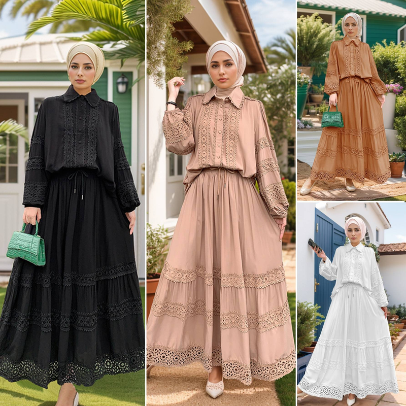 Women's Clothing Lace Applique Shirt + Loose Skirt Long Skirt Two Piece Suit_voghion.com