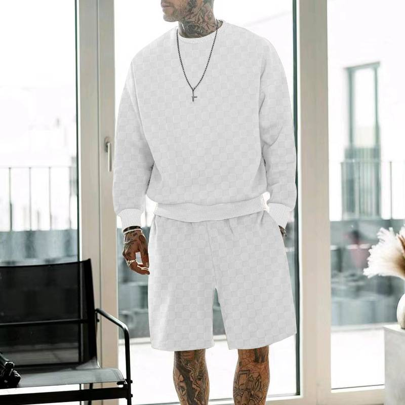 Herren Rundhals T-Shirt Hoodie Langarm Shorts Set Locker Lässig Schachbrett Sport Zweiteiliges Set_voghion.com