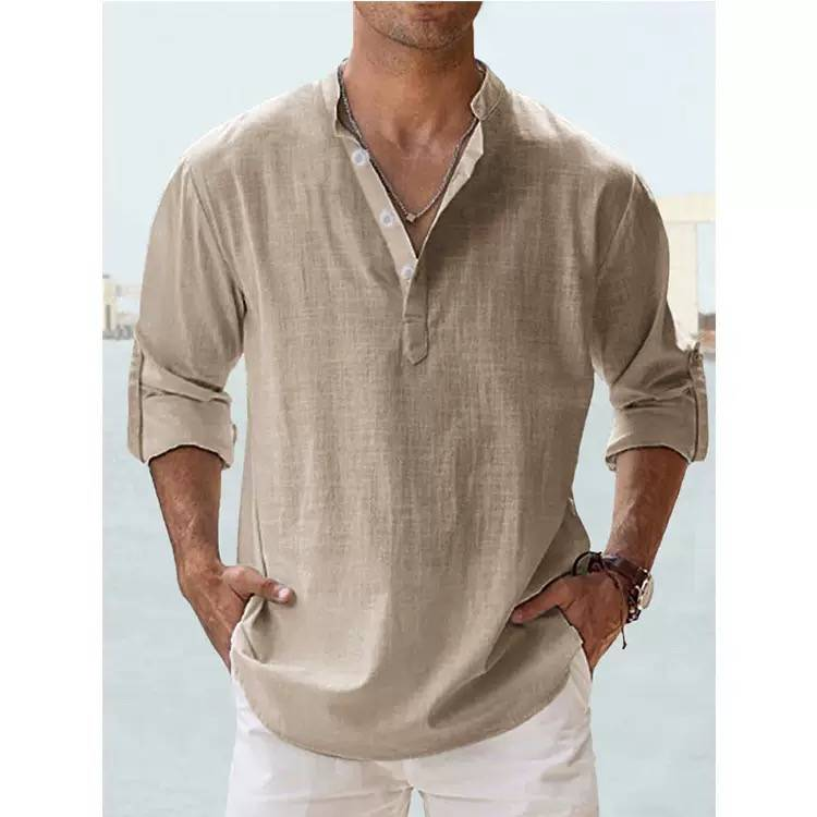 2025 Men's Linen Stand Collar Long-sleeved T-shirt, Loose-fitting Undershirt, Pure Color Long-sleeved Shirt_voghion.com