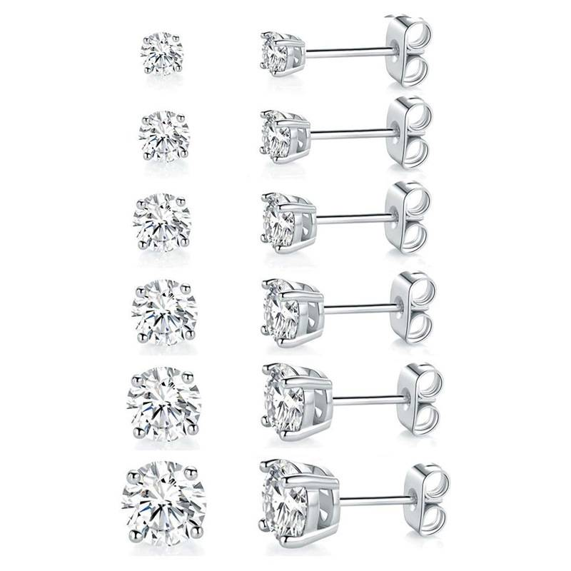 Ensemble de 6 paires de boucles d'oreilles à tige en zircone cubique pour femme, élégantes, à sertir à griffes, à coupe ronde géométrique, hypoallergéniques, pour un usage quotidien. Ensemble de boucles d'oreilles en zircone cubique et diamant rond._voghion.com