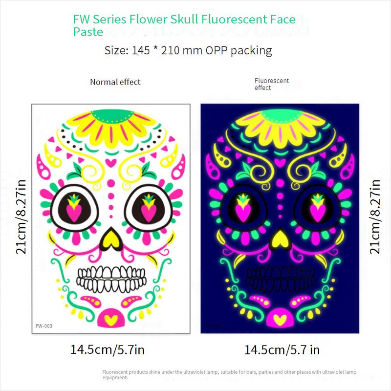Halloween Temporary Tattoos Stickers - Glow In The Dark Day Of The Dead Face & Body Art For Party, Scary Makeup, Costume Accessories (8-Piece Set)_voghion.com