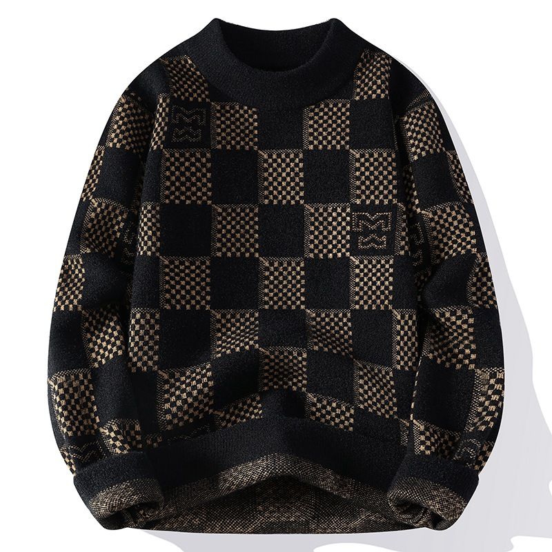 Men’s Chunky Knit Turtleneck Sweater - Oversized Pullover With Embroidered Badge (Black/Red/Khaki/Dark Green)_voghion.com