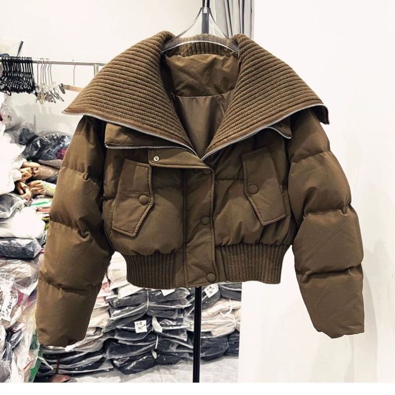 Winter Short Puffer Jacket For Women - High Waist Oversized Lapel Coat With White Duck Down, Stylish & Warm Cropped Outerwear_voghion.com