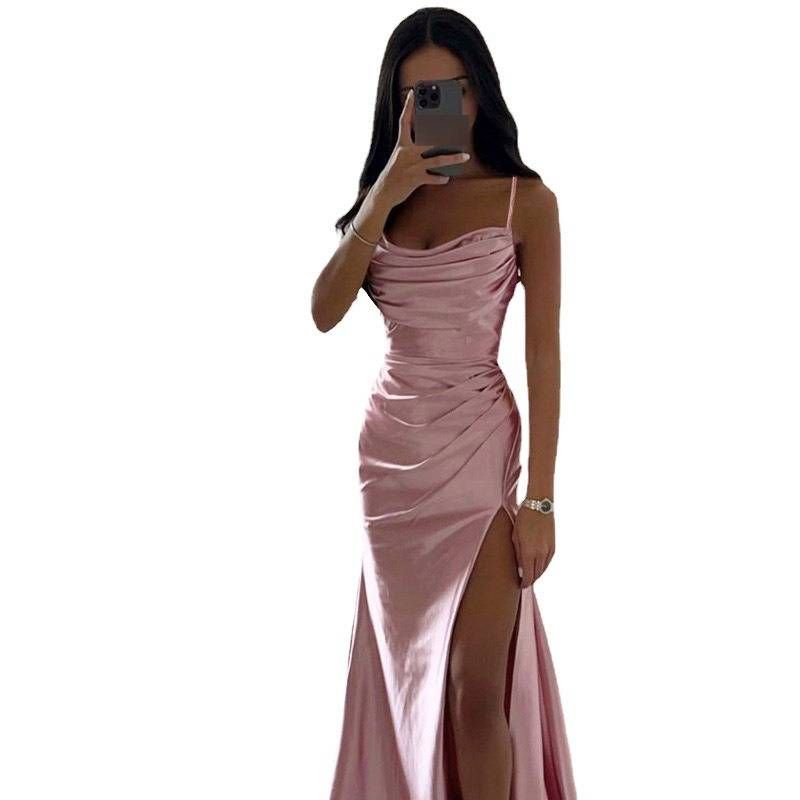 Satin Ruched Mermaid Evening Dress – Strapless High-Slit Formal Gown, Bodycon Elegance For Prom, Wedding & Parties_voghion.com