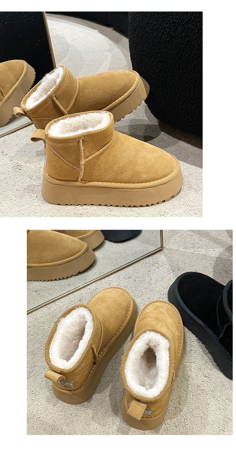 Fleece-gefütterte, verdickte Loafer im Nordosten, kurze Röhre, Baumwollschuhe für Studenten, dicke Sohle, Schneestiefel für Damen, Winter 2024_voghion.com