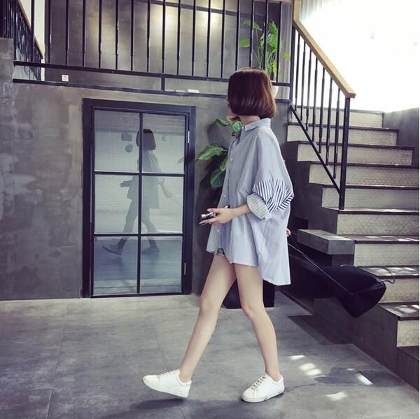 Women's Clothing Autumn striped shirt women's mid length long sleeved large size student versatile loose boyfriend style jacket village clothes_voghion.com