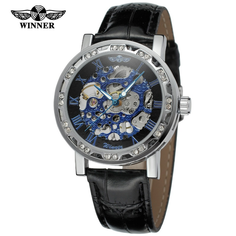 Men's Fashion Skeleton Mechanical Watch With Rhinestones - Hand-Winding Luxury Timepiece, 40mm Leather Strap, Stainless Steel Buckle_voghion.com