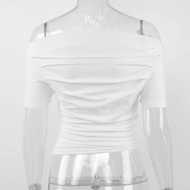 Καλοκαιρινό νέο μπλουζάκι Γυναικεία σέξι κοντομάνικα μπλουζάκια με κάθετο λαιμό με πτυχώσεις Crop Top Casual StreetwearSolid Basic T-shirts_voghion.com