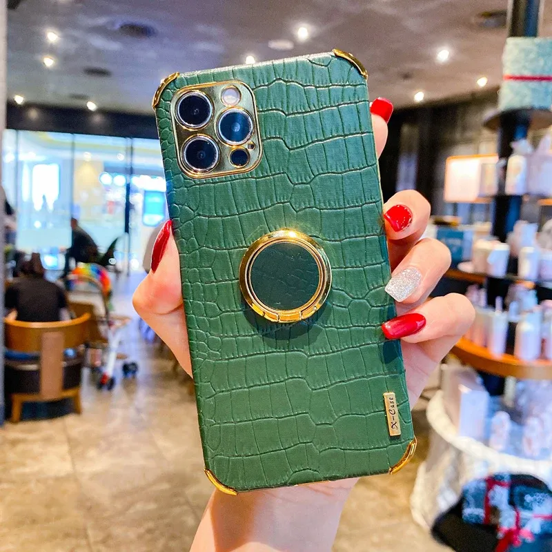 Plating Crocodile Texture Phone Case For IPhone 15 Plus 11 12 13 14 Pro XR X XS Max 8 7Plus 4G 5G Magnetic Finger Ring_voghion.com