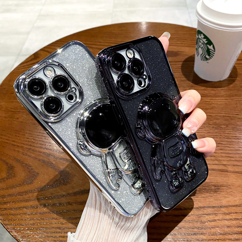 Luxe Astronaut Vouw Standhouder Glitter Plating Case Voor Iphone 14 13 12 11 Pro Max Mini Xs Xr X 7 8 Plus Se 2020 Soft Cover_voghion.com